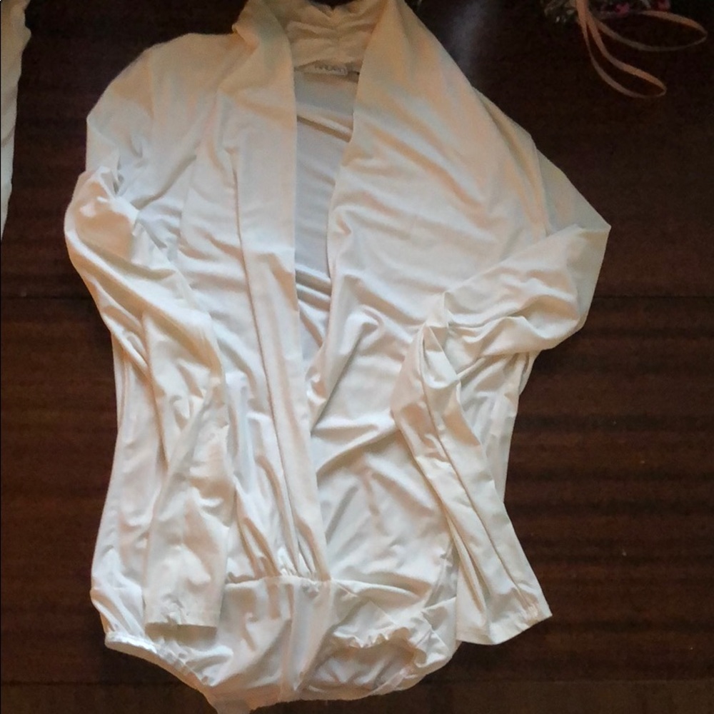 Arden B. White body suit with plunging neck